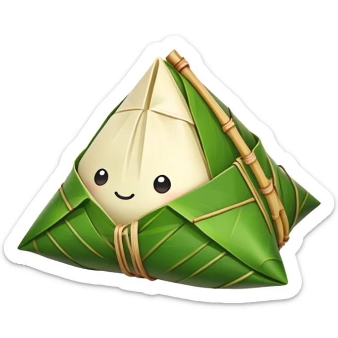 Dragon Boat Festival rice dumplings Zongzi wrapped in bamboo leaves, simplified emoji style with bold outlines and bright colors, cartoon style traditional pyramid-shaped food sticker