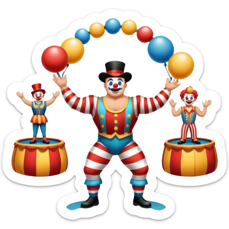Icon for Circus Arts: a vibrant circus arena with a strongman in a striped costume, a juggler, and a clown performing. The icon should capture the excitement and energy of a circus show, with emphasis on skill and entertainment. Transparent background. sticker