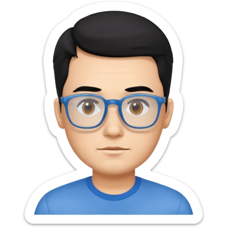 portrait of US man, wearing a blue shirt, square glasses, black hair sticker