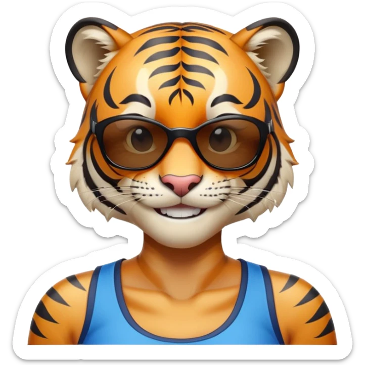 female energetic anthropomorphised tiger in sports clothes, wearing dark sunglasses, head and shoulders only, smiling sticker