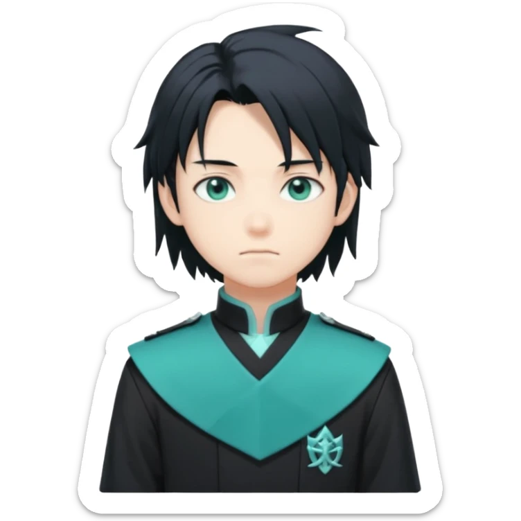 Tokito Muichiro emoji style — calm boy with long black hair fading mint green, turquoise eyes, pale skin, dreamy face, wearing dark Demon Slayer uniform, black + teal tone, anime cute clean style. sticker