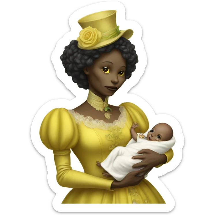  Reptilian alien woman, full body, in victorian jellow elegant dress, holds a newborn white humman baby sticker