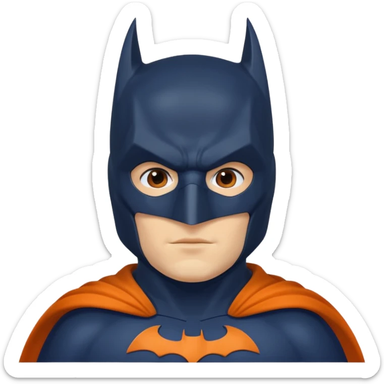 generate a batman emoji with just the face and neck showing and part of the cloak and and wings. Shade the mask in dark navy blue. Shade the wings in a medium olive green. Shade the cloak in a solidt vibran orange sticker