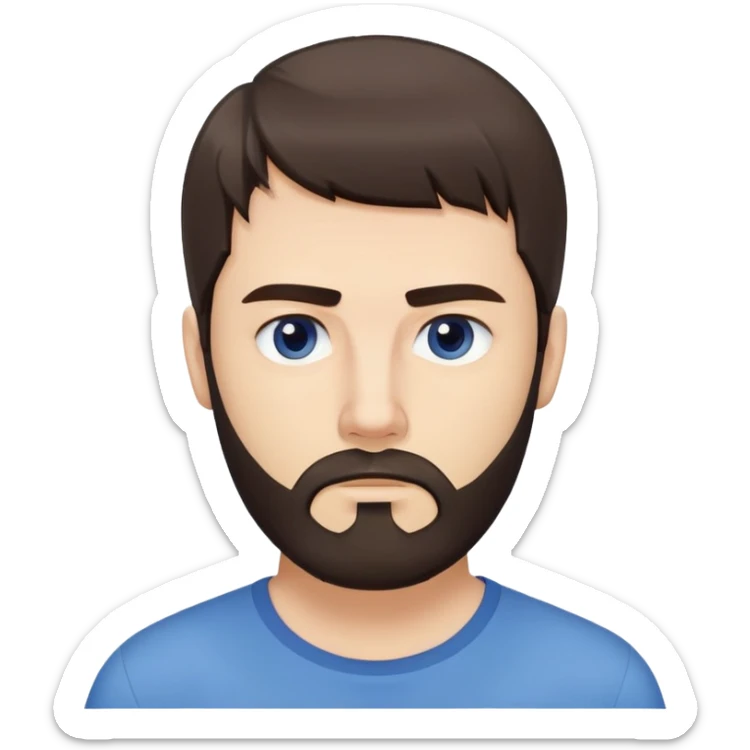 Caucasian man with long straight dark brown hair styled loose with fringe, medium-length hair, short full beard, neutral serious expression, simple blue shirt sticker