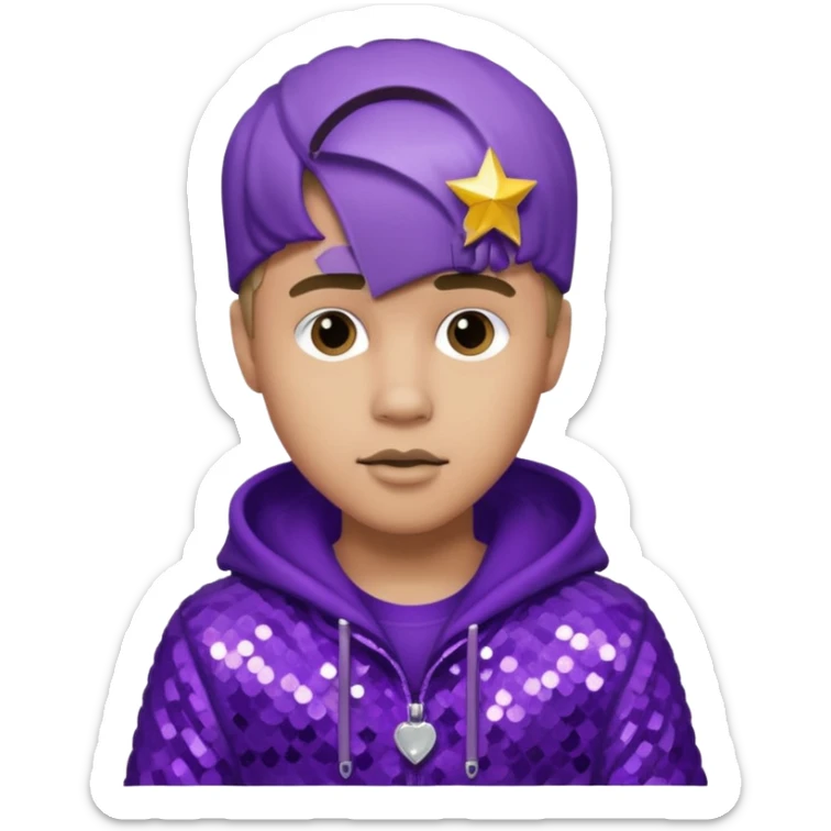 Justin Bieber with light skin, dark blonde hair, purple sequin outfit sticker
