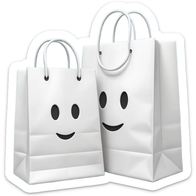 A 3D emoji of two white paper shopping bags, one large and one small, standing next to each other. Soft studio lighting, smooth 3D rendering, claymorphism style, minimalist design, cute, high resolution, isolated on a white background. sticker