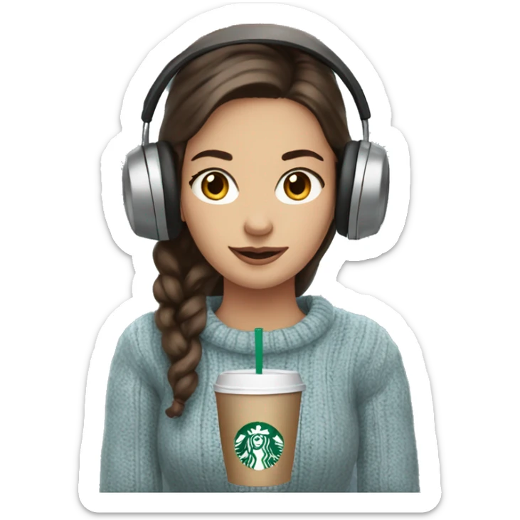 Can you make a brunette girl with blue greyeyes wearing a beig sweater and ear muffs holding a Starbucks cup sticker