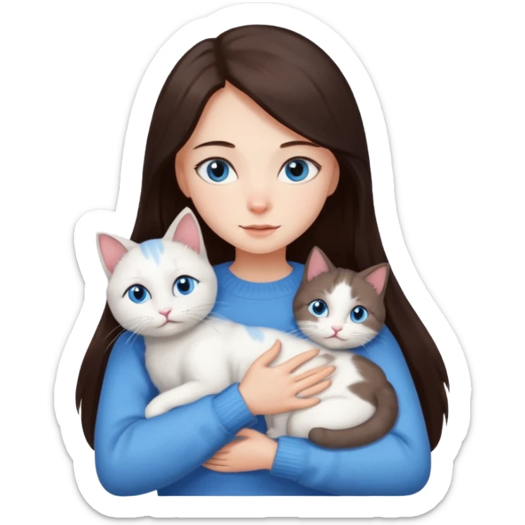 a girl with long dark 
brown hair, with blue eyes, in a
white sweater, hugs 3 different natural coloured cats sticker