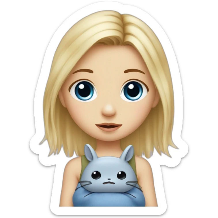 bébé fille blonde décoiffée aux yeux bleus avec une peluche Totoro  sticker