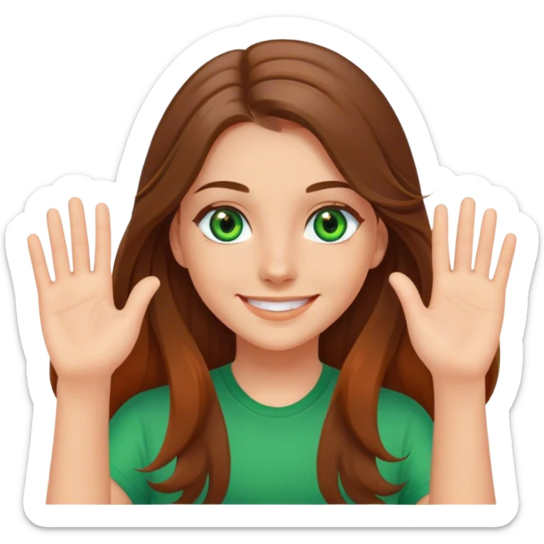 smiling girl with long brown hair, middle hair split, waving, green eyes, orange shirt sticker