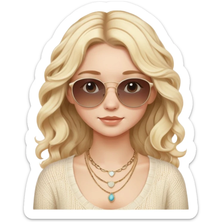 Blonde girl with wavy hair, wearing a cream knitted top and layered necklaces. Sunglasses on head, natural light, neutral background, soft boho vibe. sticker