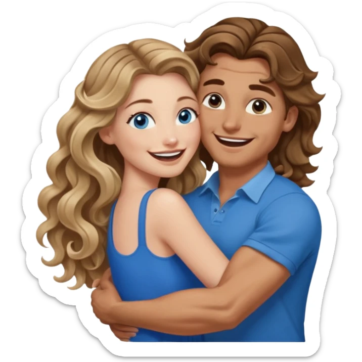Women with blue eyes and very long, brown blond balayage curled hair in the arms of a man with strong arms a straight face, a very sexy man blue eyes. They are laughing at each other   sticker