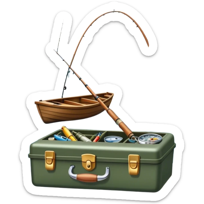 Icon for Fishing: a boat on the shore of a peaceful water body with a beautiful natural landscape, a fishing tackle box, a spinning rod. The icon should capture the tranquility and gear of a fishing adventure. Without frame. Transparent background. sticker
