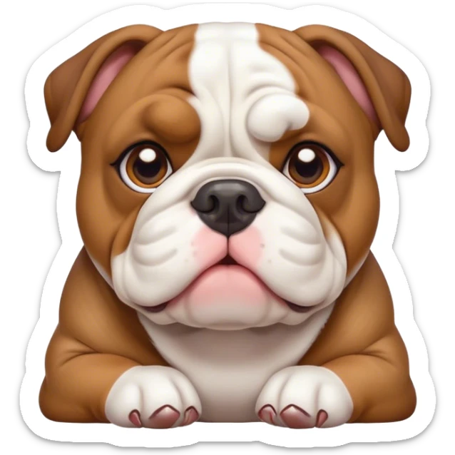 Cinematic Cute Brown and White English Bulldog Portrait Emoji, Head tilted playfully and inquisitively, featuring a glossy brown and white coat with distinct patches, round, sparkling brown eyes filled with curiosity, Simplified yet irresistibly adorable features, highly detailed, glowing with a warm, friendly glow, high shine, affectionate and charming, stylized with a touch of whimsy, bright and endearing, soft glowing outline, capturing the essence of a mischievous yet loving companion, so playful it feels like it could bound out of the screen and into your arms! sticker