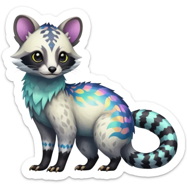 Rare iridescent white exotic epic aesthetic colorful Trico-Civet-species-Fakemon-hybrid-creature, with intricate tattoo markings, full body sticker