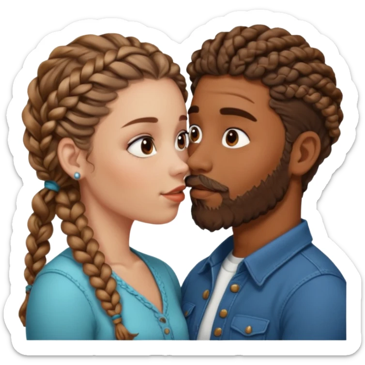 brown skinned man with braids and a beard kissing a white woman with curly brown hair  sticker