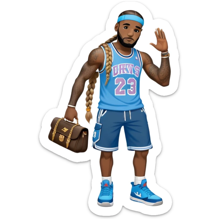 LeBron james with bohemian knotless braids and a Paul frank blue crop top with black baggy jorts and Jordan 4s sticker