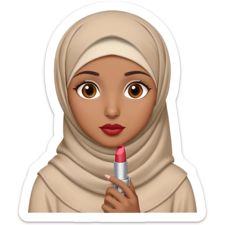 Turkish beautiful finish Konya girl eyes with brown beige hijab islamic dress and had on her hand lipstick sticker