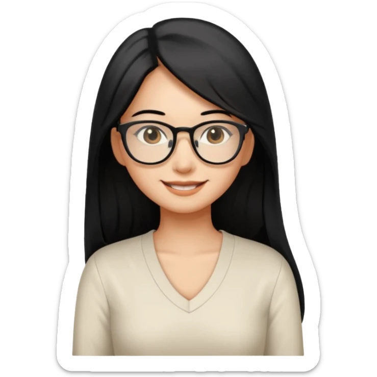 medium tan asian woman with long black hair past middle of back, round brown eyes, white v neck blouse. she has black thick frame rectangular glasses on and smilling sticker