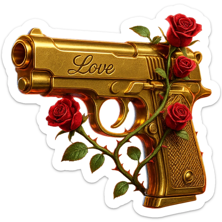 gold handgun emoji, engraved with the word 'Love' in cursive, wrapped in red rose vines, dripping with glitter, neon edge lighting, inspired by Romeo Montague in Romeo + Juliet (1996), 90s gun glam aesthetic, dramatic flair, discord-size sticker
