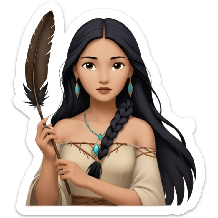 Cinematic Realistic Pocahontas Portrait, depicted with lifelike skin texture, soft natural lighting, and intricately detailed long, flowing raven-black hair that moves gracefully in the wind. Her deep, soulful dark brown eyes exude wisdom and strength, complemented by a serene yet powerful expression. She is shown gently holding a feather in one hand, her other hand resting lightly at her side, embodying the harmonious balance between nature and herself. She is dressed in her classic one-shoulder native American dress, with rich fabric textures and delicate beaded details that catch the light beautifully. The portrait features a soft, sun-kissed glow with a natural, radiant finish, capturing the essence of untamed beauty and deep connection to nature in a realistic and painterly style, evoking a sense of depth and authenticity. sticker