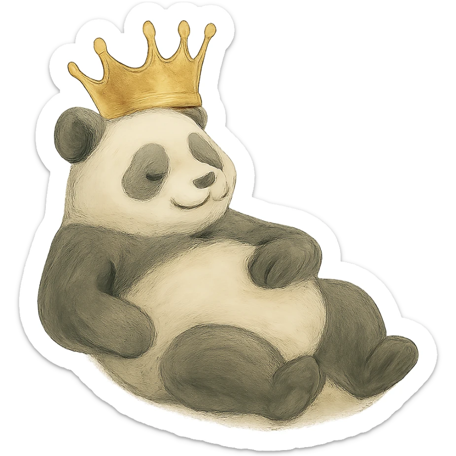 Place a crown on the relaxed panda reclining against the bamboo, preserving the tranquil and dreamy style. Remove the background to isolate the subject. Maintain the tranquil and dreamy atmosphere of the original image. sticker