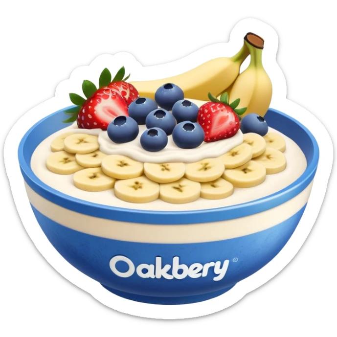 a acaii bowl with milk powder layers and blue berries strawberries and banana on top make the logo of the brand say oakberry sticker