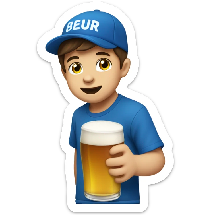 A fourth year old man with brown hair on his birthday with a blue suburu t shirt having fun drinking a beer sticker