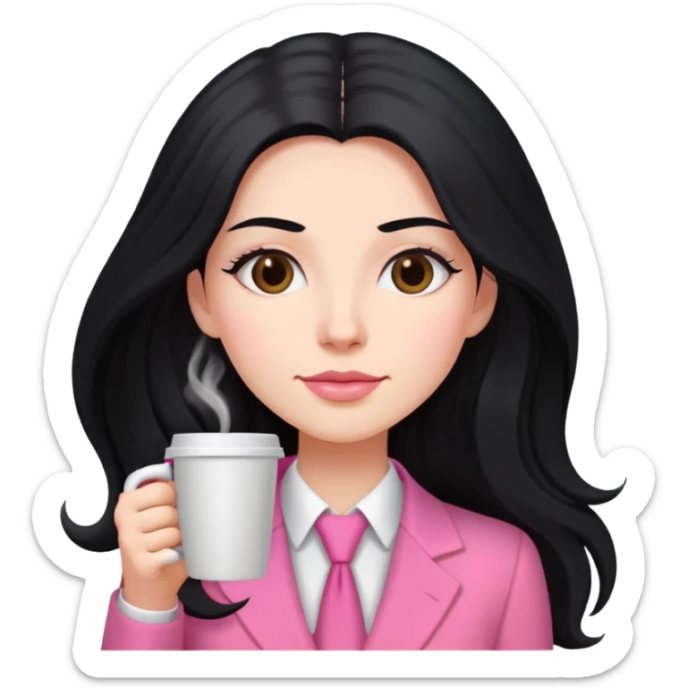 business dressing pink clothes woman  caucasian with a long black hair drinking coffee sticker
