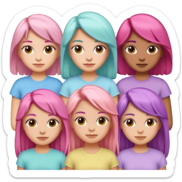 emoji of five girls in a row, each with unique hair color and pastel tops, group emoji style sticker