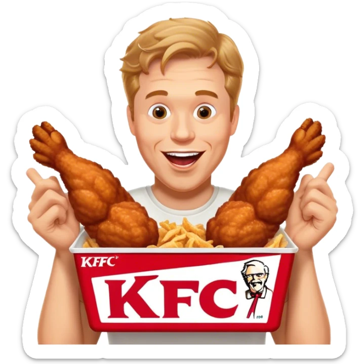 "Create an emoji of a white man holding KFC chicken wings with a happy and excited expression. Make sure to add the text 'KFC ABSOLUTE CINEMA ✋😮🤚' in large, bold letters, covering the entire screen and standing out clearly. This text must be included. Use a vibrant and expressive style." sticker
