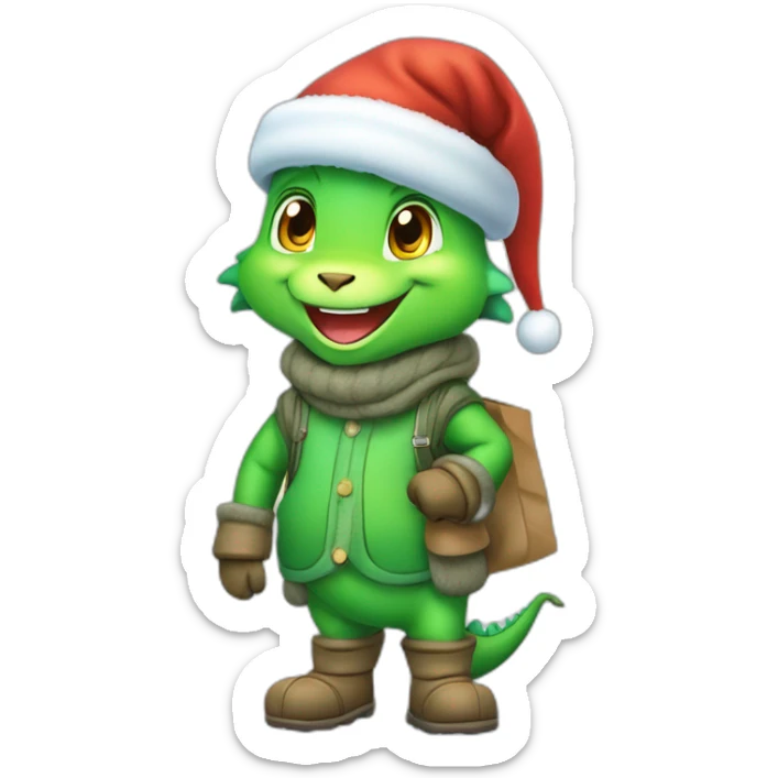 happy little green cartoon dragon of child, in winter, in work pants, in work clothes, in winter boots, in a Santa Claus hat, New Year, with presents sticker
