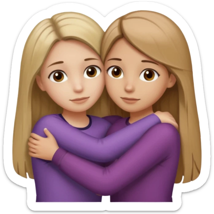 Two girls are hugging. One has dirty blonde hair with a little reddish in it. She has also grey eyes. Her hair is long and straight. The other girl has dark brown hair with hazel eyes sticker