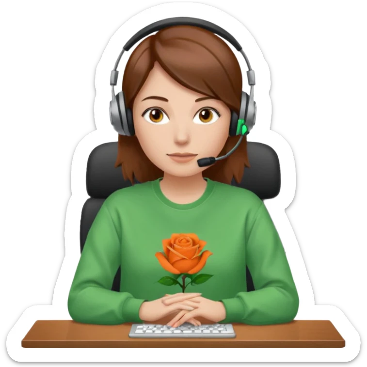 woman, brown hair, middle european, wearing a headset and rose sweatshirt. sitting in the office. she is controling limits on screen: green = ok, orange = bald überschritten, re = limite überschritten sticker