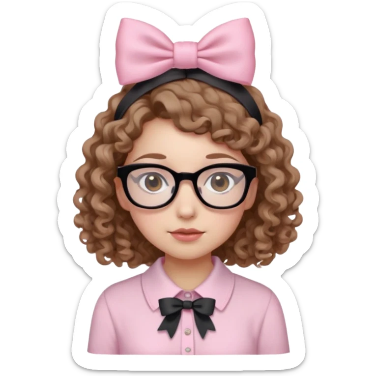 White skin, curly light brown hair girl with black glasses, brown eyes, light pink bow on her head, light pink shirt  sticker