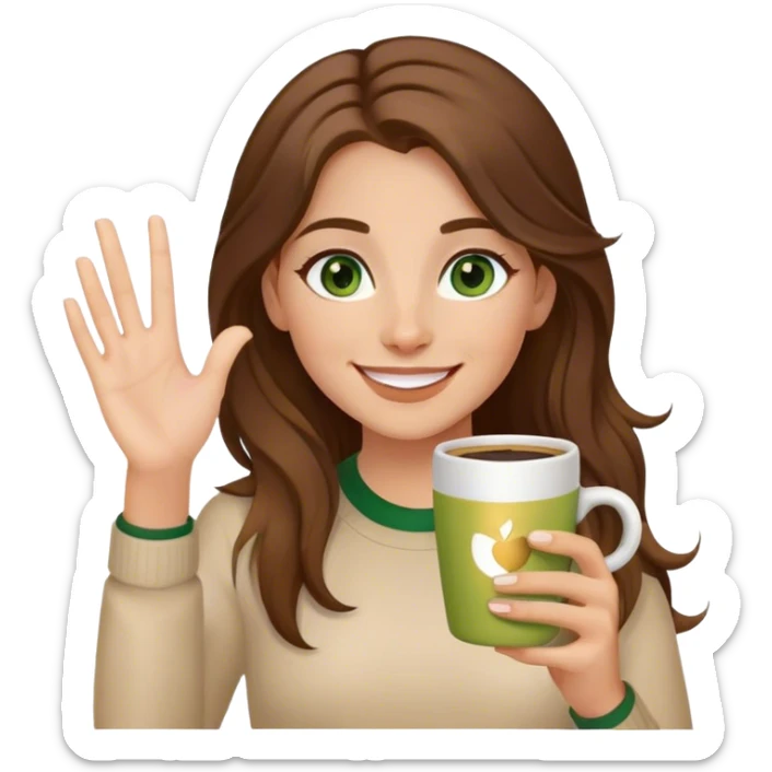 Long, Brown haired girl with middle hair part, green eyes, gold hoop nose ring, smiling, waving with one hand, coffee mug in the other sticker