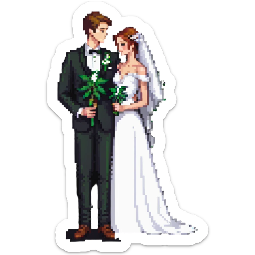 A bride in white wedding dress and groom in tuxedo, full body, sharing cannabis, wedding couple sticker
