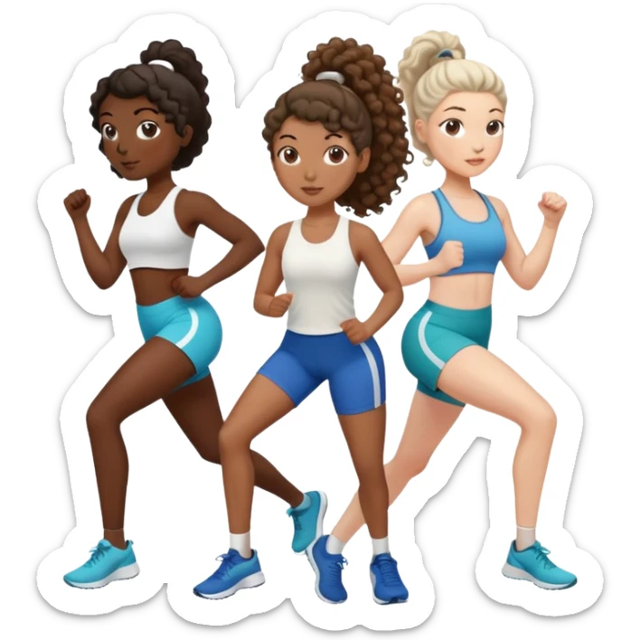 three women friends exercising together, one black woman with curly brown hair, one pale white woman with curly brown hair, and one pale white woman with straight brown hair in a ponytail sticker
