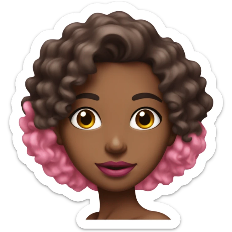 Woman with big pink lips, somewhat curly dark brown hair, and a thin neck wearing a pink bikini sticker