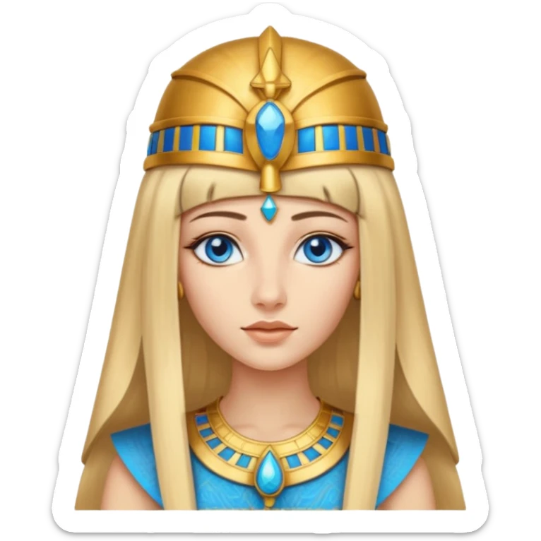 Cleopatra vestita da faraone con il cappello da faraone ma con gli occhi azzurri e i capelli lunghi biondi non troppo chiari con il cappello da faraone dorato senza frangia capelli lunghi  sticker