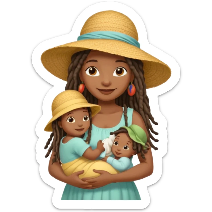 A black mom with long dread lock hair in a sunhat holding her baby gently, wearing a sun-dress while smiling softly. sticker
