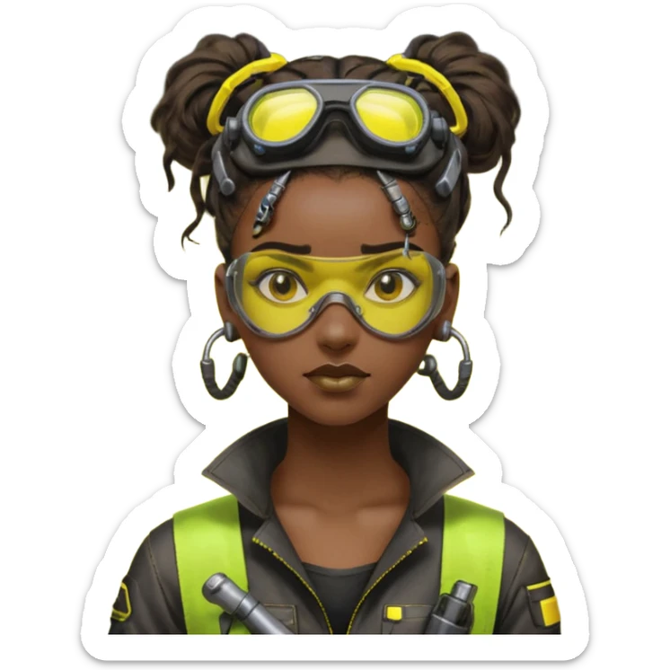 Cyberpunk black female mechanic, yellow tech goggles on forehead, messy hair bun, ear piercings, tool collar, grease smudge on cheek, focused expression, neon yellow lighting sticker
