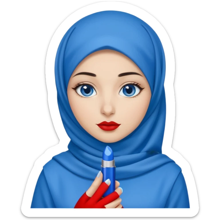 Turkish beautiful finish Konya girl blue eyes with blue hijab islamic dress and had on her hand blue ysl lipstick and hold it sticker