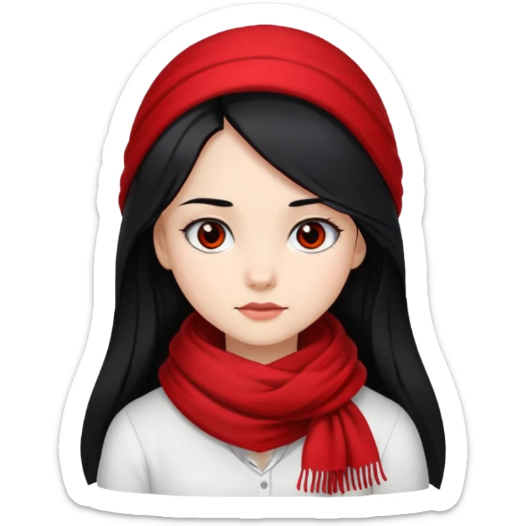 A girl with long black hair, wearing a red scarf, black eyes, and a white shirt. sticker