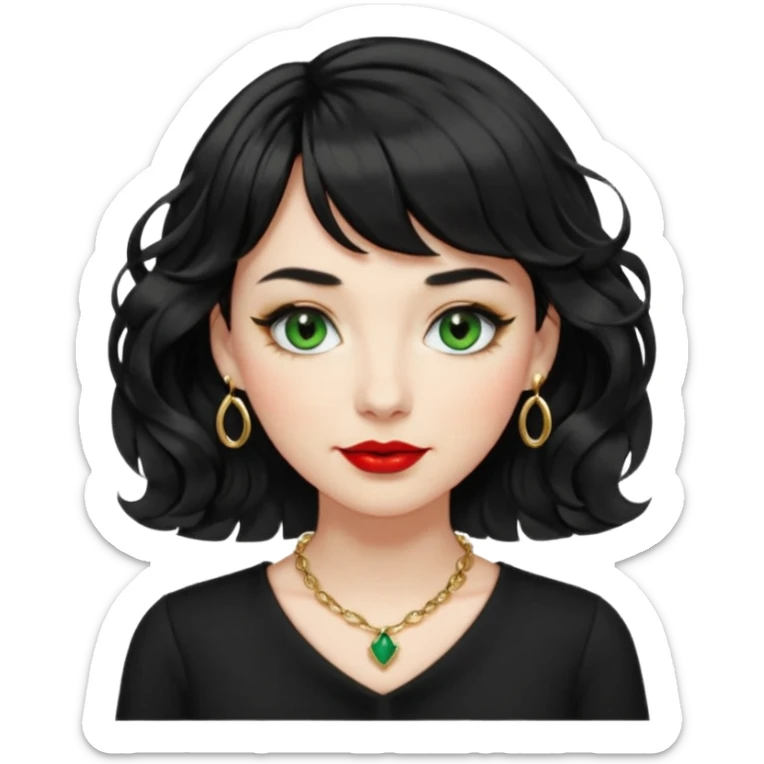 woman with jet black lightly curled wavy shoulder-length hair, short curtain bangs, bright red lipstick, black shirt, white skin, small closed-mouth smile, green eyes, black eyelashes with mascara, dainty gold necklace with the letter 's' sticker