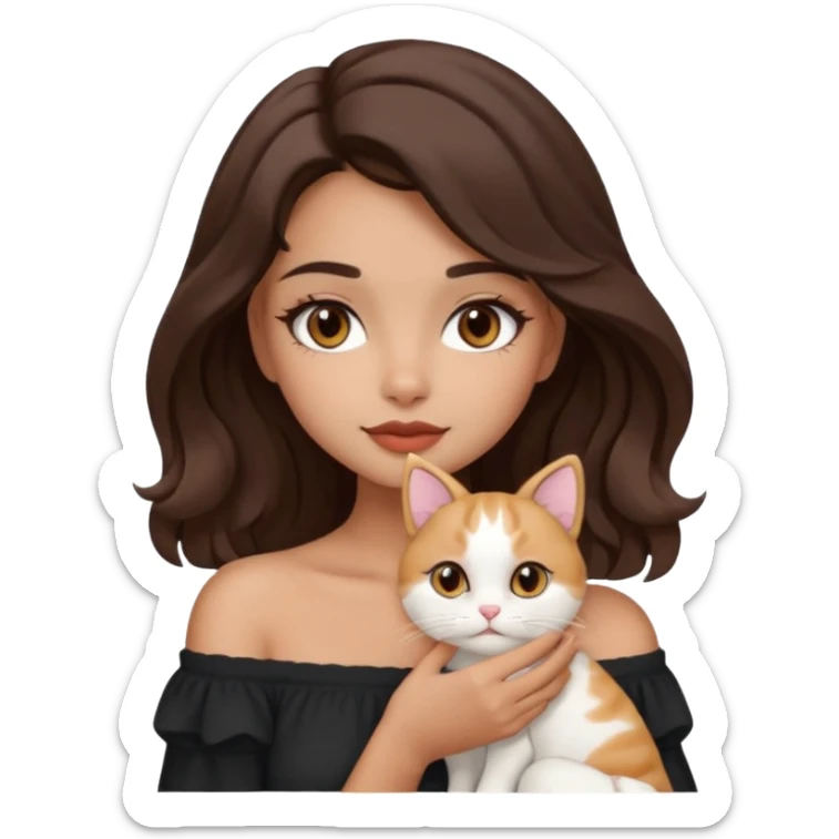 aesthetic girl, warm tan skin, round face, off-shoulder length 2b wavy hair, full lips, dark brown doe eyes, soft arched brows, holding a white cat, modern emoji style sticker