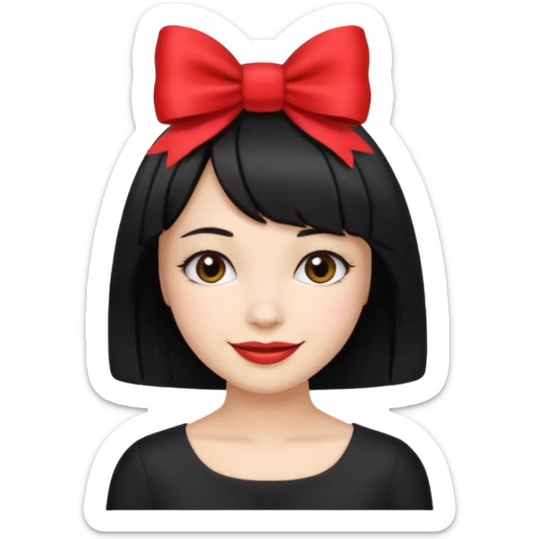 ["Fair skin female, black bob haircut, red bow clip at crown."] sticker