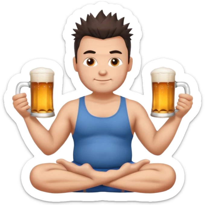 big slavic guy sitting in yoga pose, spiky short dark hair, holding beer mugs in two hands sticker