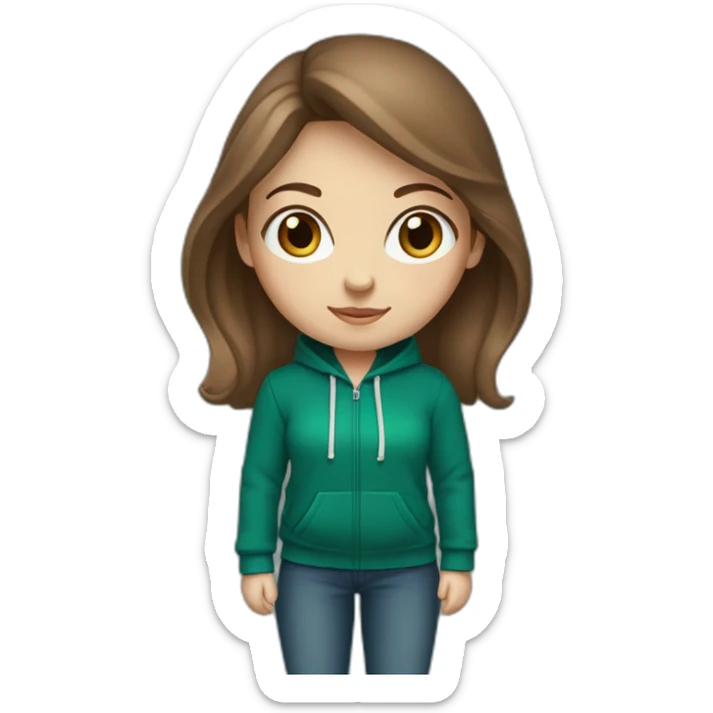 White girl with middle long brown hair and blue eyes wearing a darkgreen hoodie  sticker