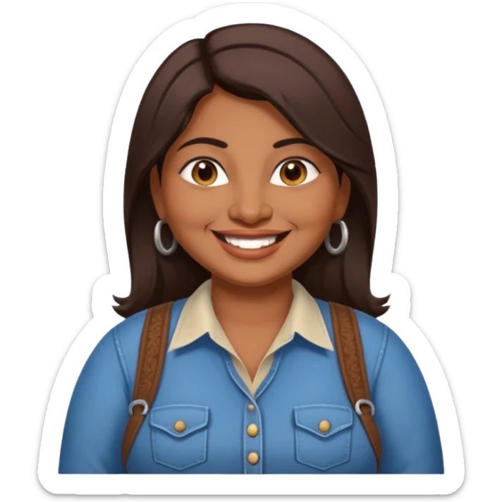 40 yr old chubby indian woman, dark skin, straight brown hair, big smile, white teeth, western clothes sticker